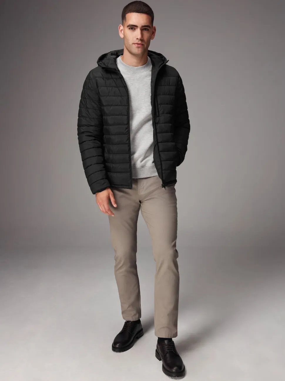 Black Shower Resistant Lightweight Hooded Puffer Coat Jacket