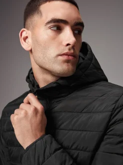 Black Shower Resistant Lightweight Hooded Puffer Coat Jacket