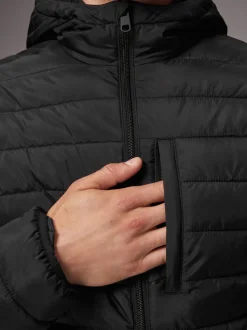 Black Shower Resistant Lightweight Hooded Puffer Coat Jacket