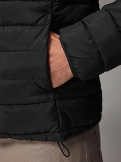 Black Shower Resistant Lightweight Hooded Puffer Coat Jacket