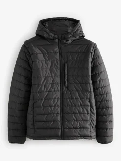 Black Shower Resistant Lightweight Hooded Puffer Coat Jacket