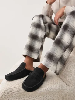 Black Signature Faux Fur Lined Moccasin Mule Slippers