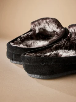 Black Signature Faux Fur Lined Moccasin Mule Slippers