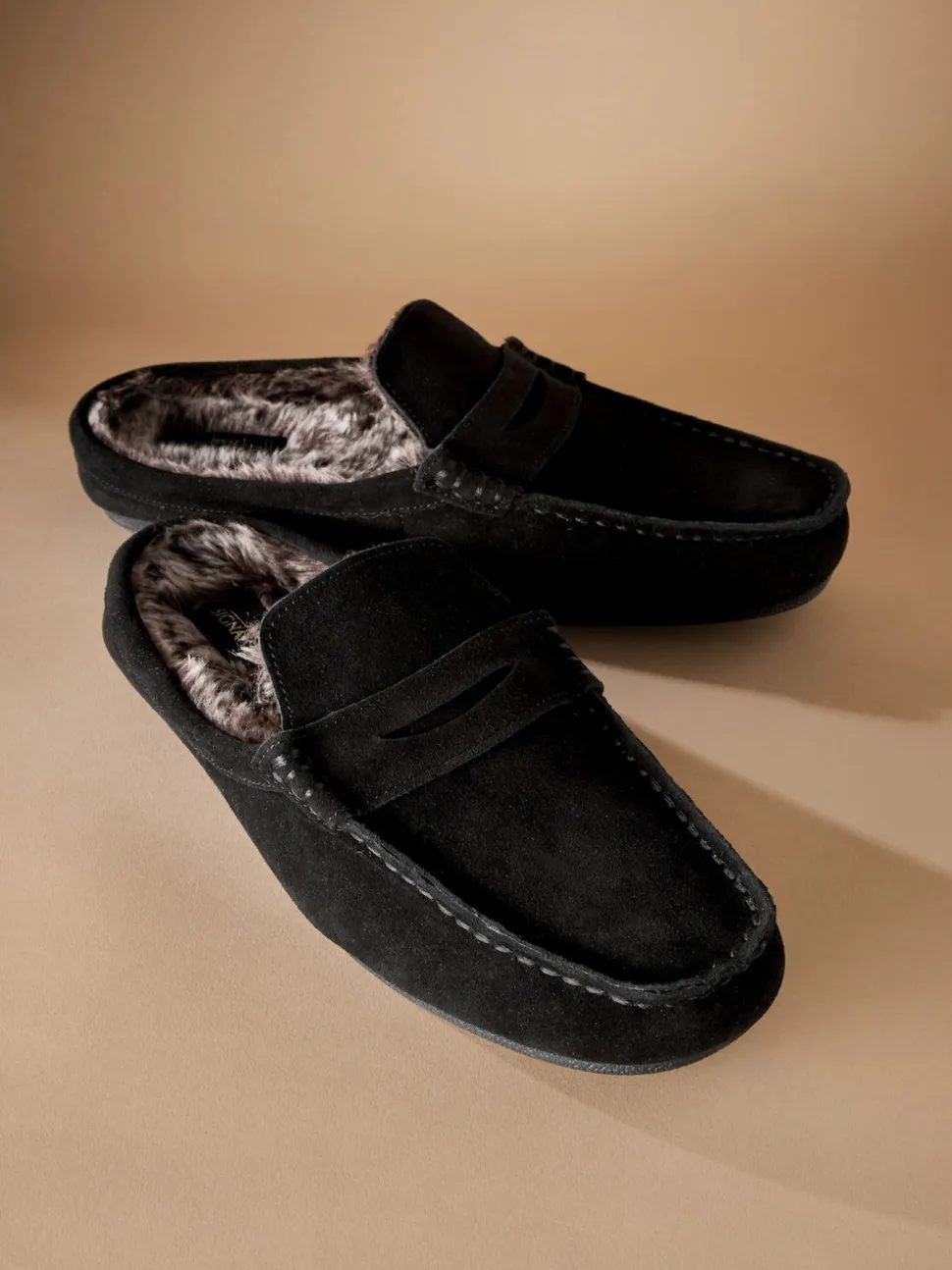 Black Signature Faux Fur Lined Moccasin Mule Slippers