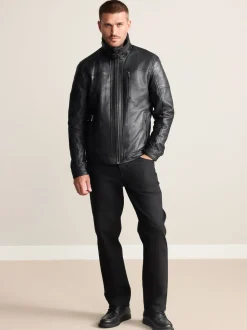 Black Signature Four Pocket Borg Lined Leather Jacket