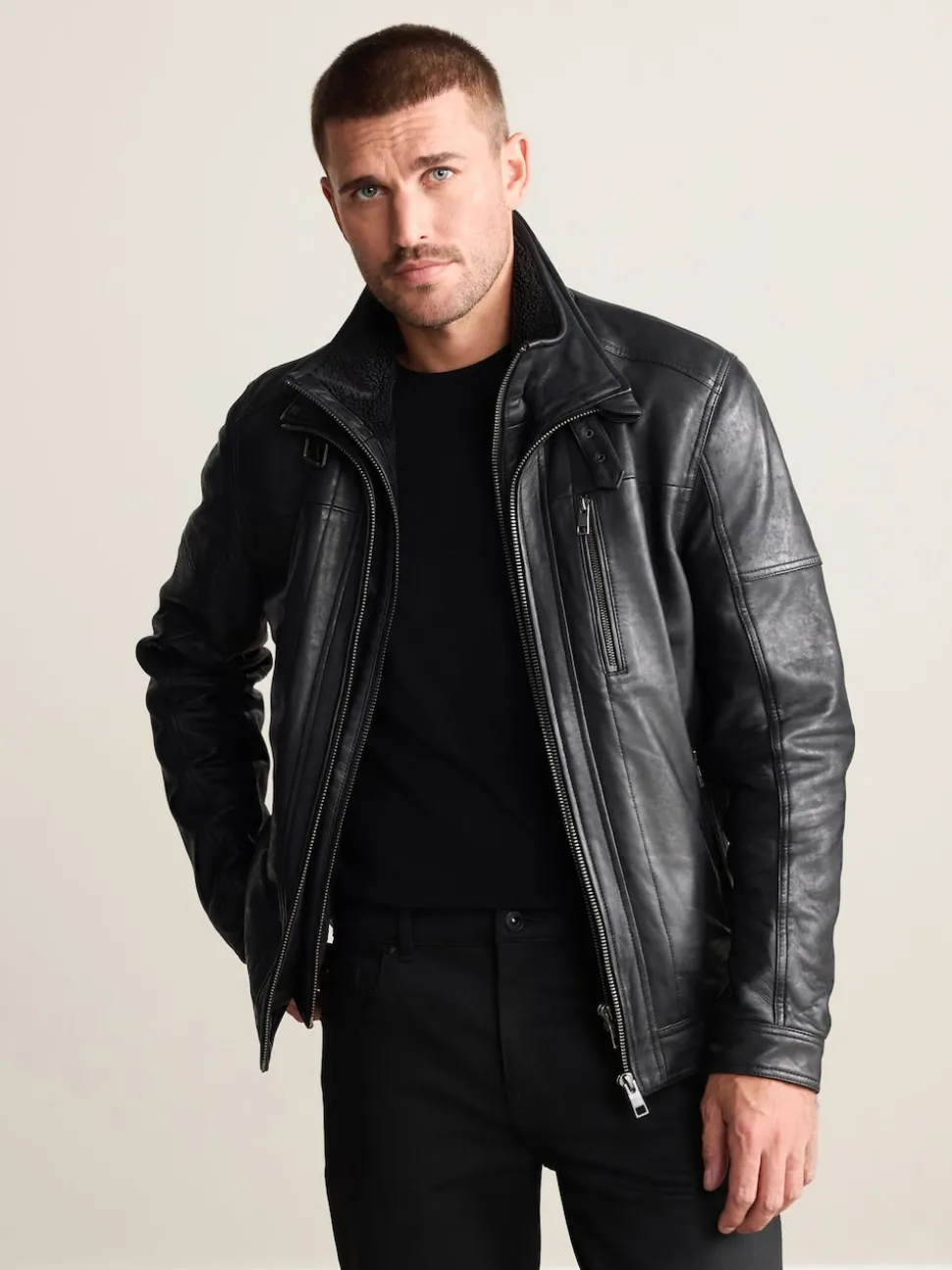 Black Signature Four Pocket Borg Lined Leather Jacket