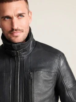 Black Signature Four Pocket Borg Lined Leather Jacket