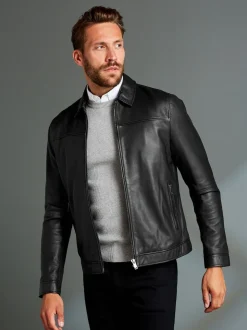 Black Signature Leather Collared Jacket