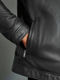 Black Signature Leather Collared Jacket
