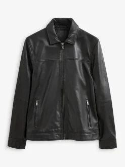 Black Signature Leather Collared Jacket