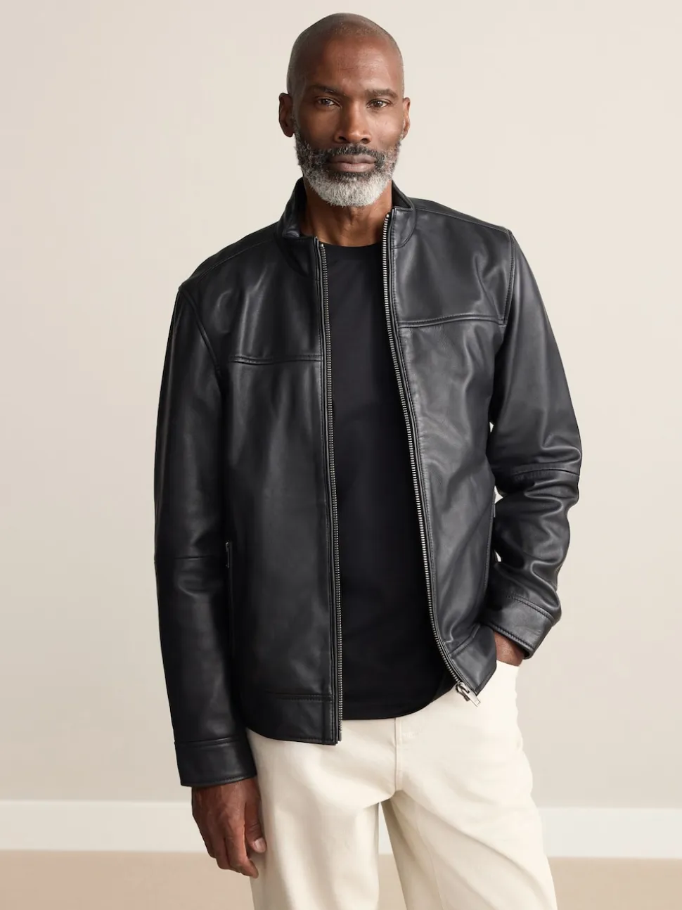 Black Signature Leather Funnel Neck Jacket