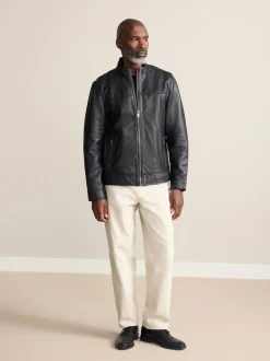 Black Signature Leather Funnel Neck Jacket