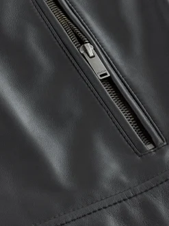 Black Signature Leather Funnel Neck Jacket