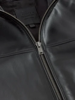 Black Signature Leather Funnel Neck Jacket