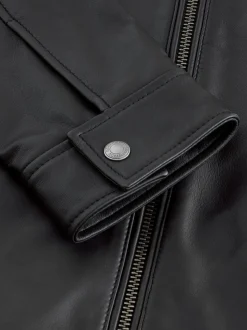 Black Signature Leather Funnel Neck Jacket