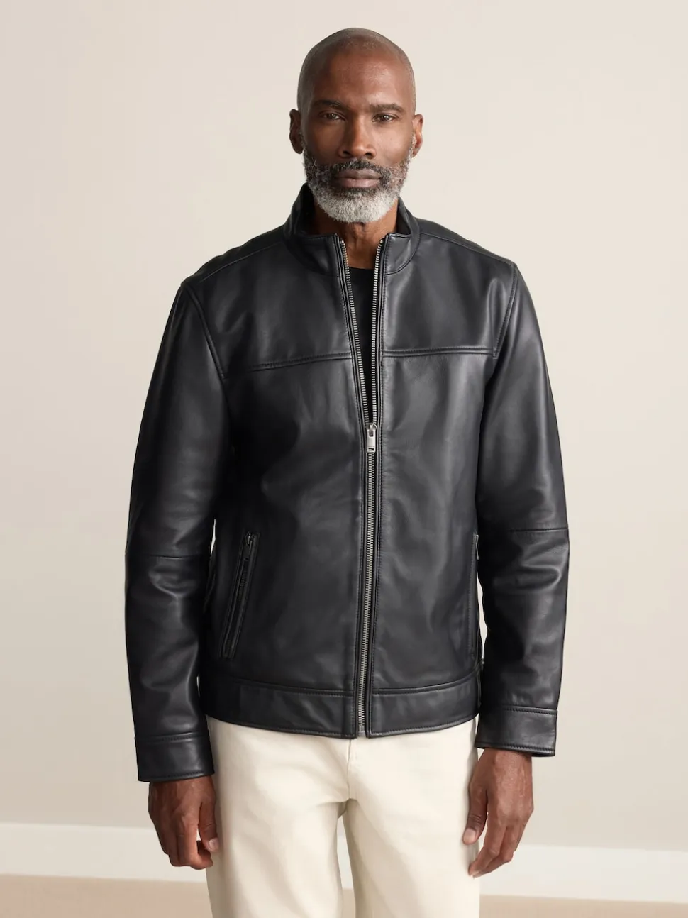 Black Signature Leather Funnel Neck Jacket