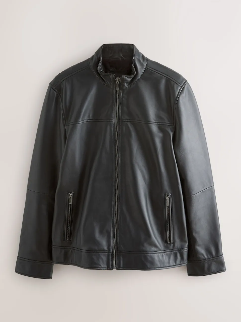 Black Signature Leather Funnel Neck Jacket