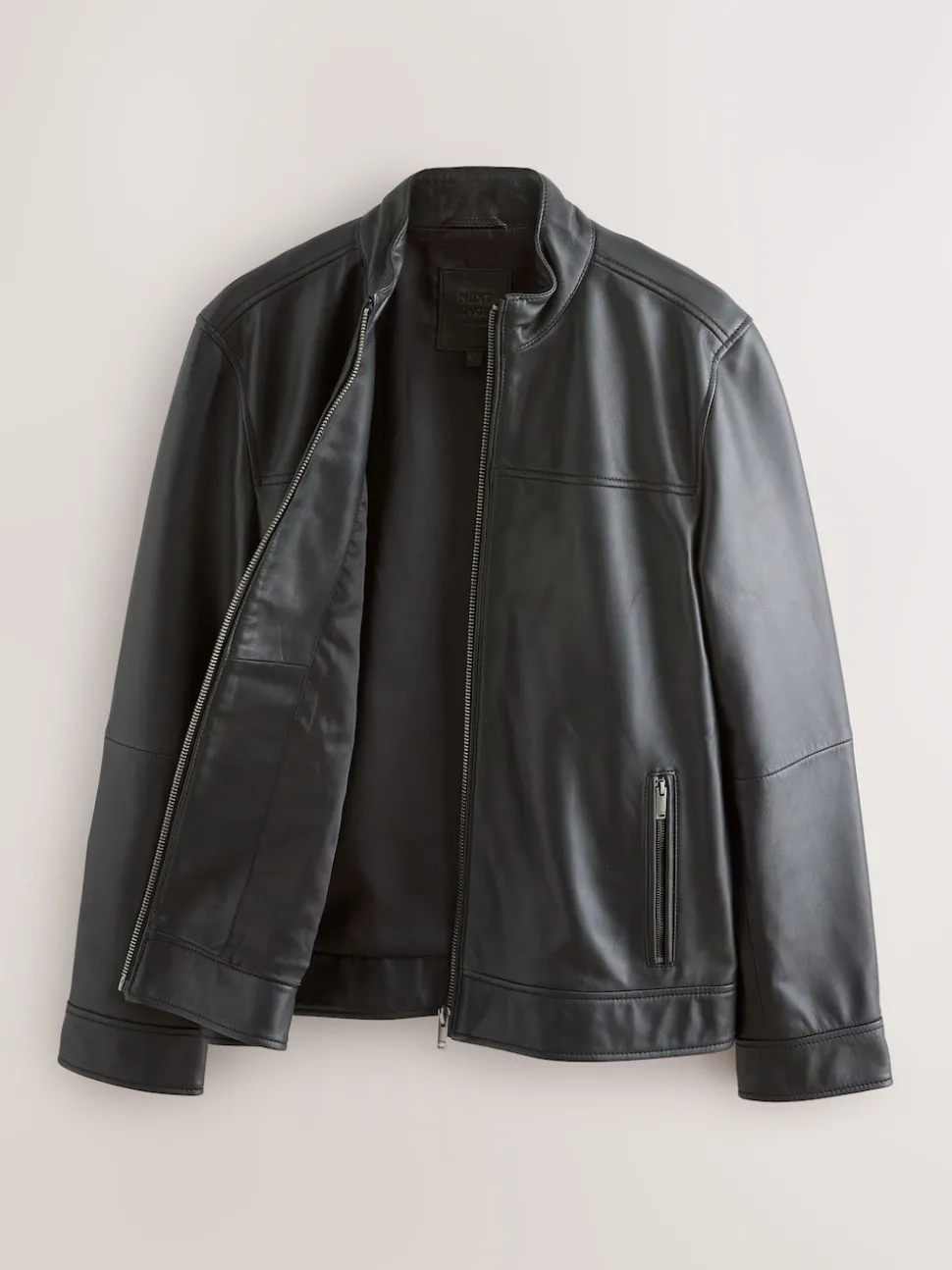 Black Signature Leather Funnel Neck Jacket