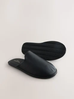 Black Signature Leather Mule Slippers