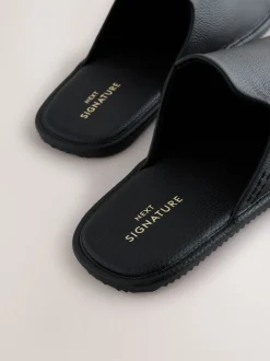 Black Signature Leather Mule Slippers
