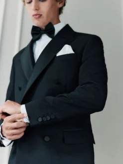 Black Signature Nova Fides 100% Italian Wool Double Breasted Tuxedo Suit Jacket