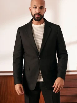 Black Slim Fit Linen-Blend Suit Jacket