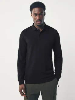 Black Slim Fit Long Sleeve Pique Polo Shirt