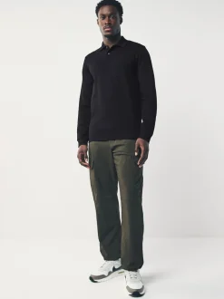Black Slim Fit Long Sleeve Pique Polo Shirt