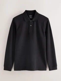 Black Slim Fit Long Sleeve Pique Polo Shirt