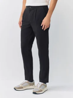 Black Slim Fit Pleated Stretch Chinos Trousers With Elasticated Waist