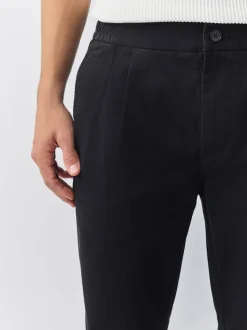 Black Slim Fit Pleated Stretch Chinos Trousers With Elasticated Waist