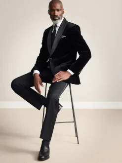 Black Slim Fit Signature Pontoglio Italian Velvet Blazer With Shawl Lapel