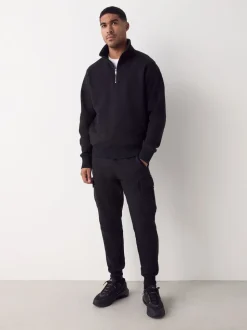 Black Slim Fit Slim Fit Brushback Heavyweight Cargo Joggers