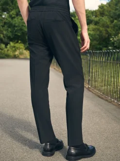 Black Slim Fit Smart Stretch Trousers With Internal Drawcord