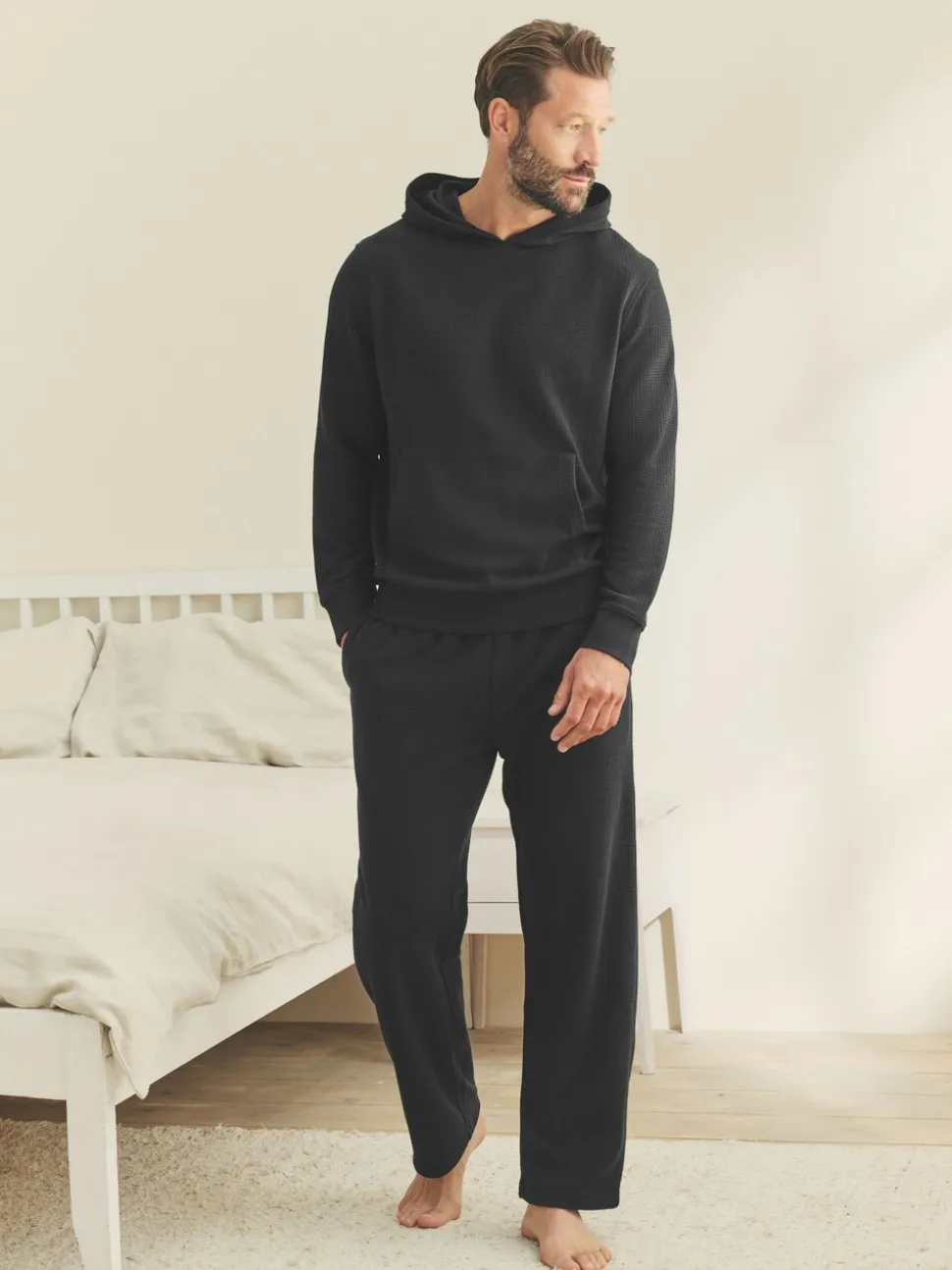 Black Soft Waffle Pyjamas Hoodie Set