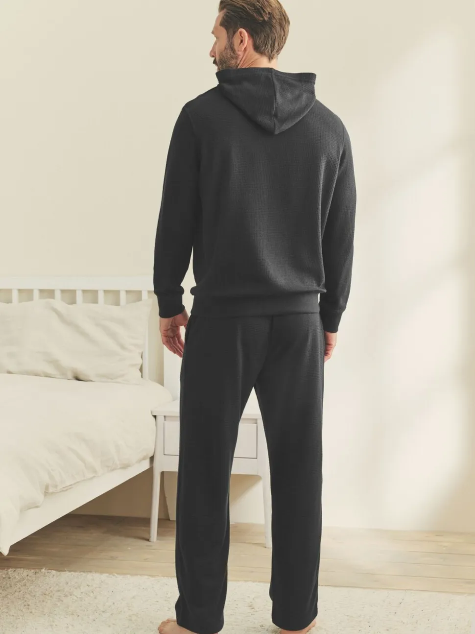 Black Soft Waffle Pyjamas Hoodie Set
