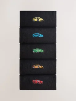 Black Sports Cars Fun Embroidered Socks 5 Pack