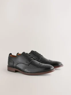 Black Standard Fit Leather Contrast Sole Brogue Shoes