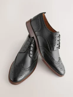 Black Standard Fit Leather Contrast Sole Brogue Shoes