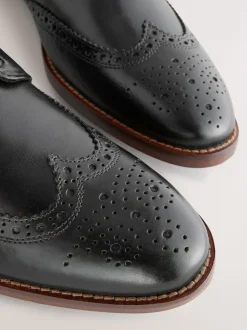 Black Standard Fit Leather Contrast Sole Brogue Shoes