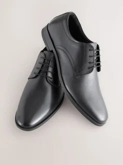 Black Standard Fit Leather Plain Derby Shoes