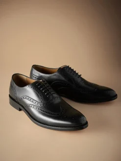 Black Standard Fit Signature Italian Leather Wingcap Brogue Shoes