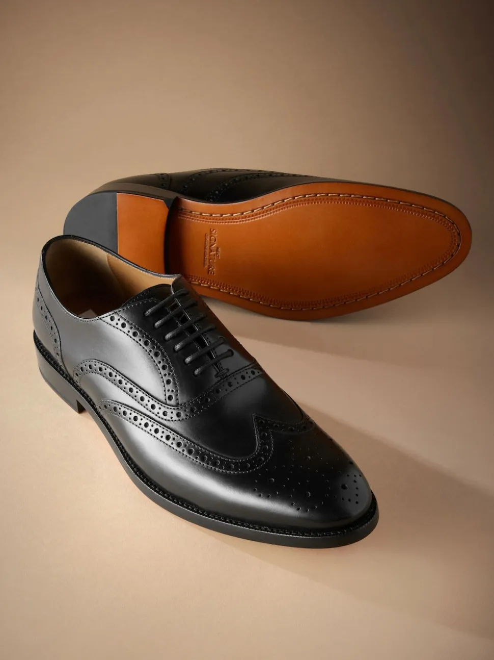 Black Standard Fit Signature Italian Leather Wingcap Brogue Shoes