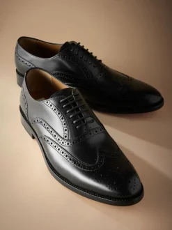 Black Standard Fit Signature Italian Leather Wingcap Brogue Shoes