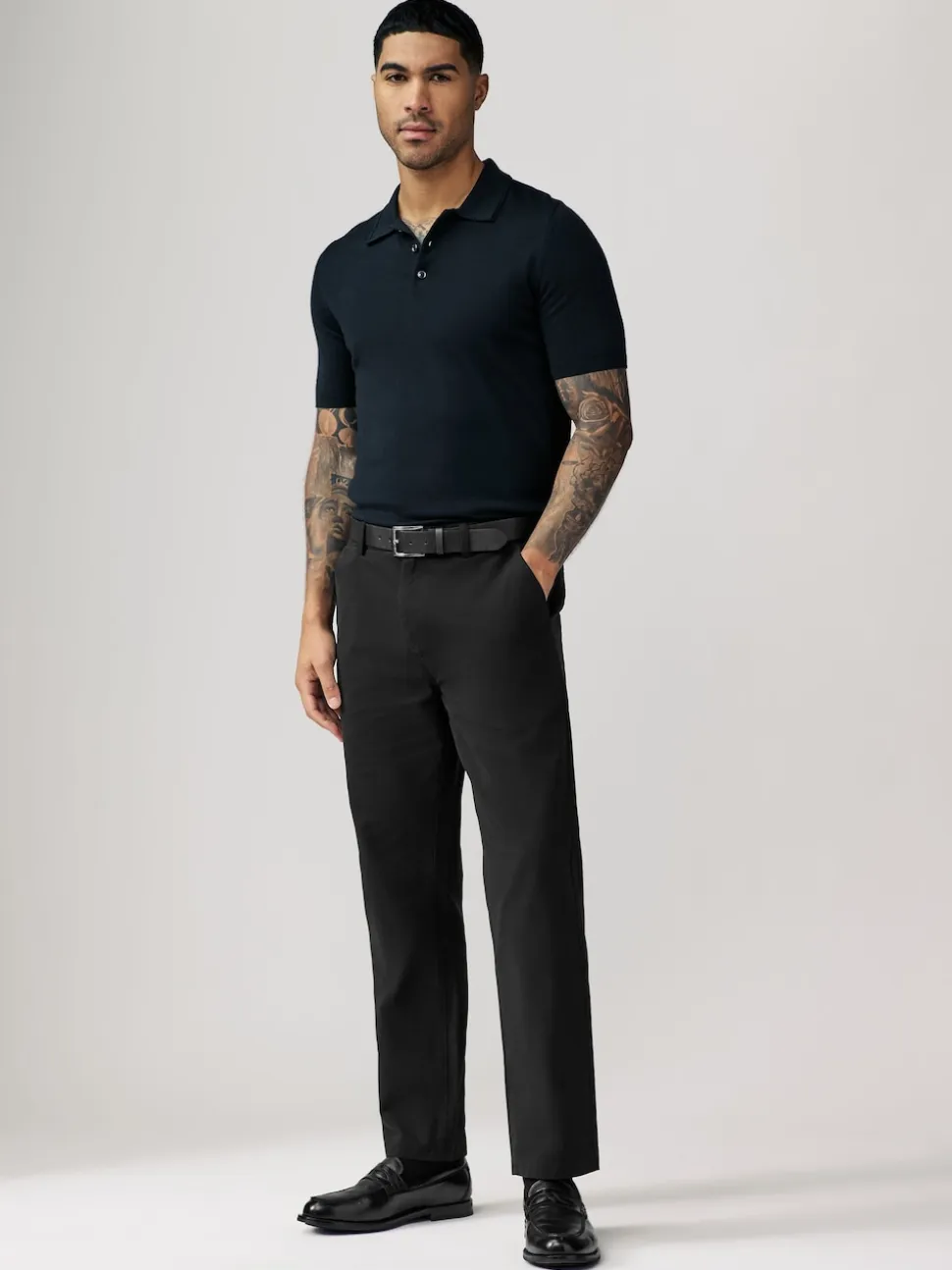 Black Straight Fit Belted Soft Touch Chino Trousers