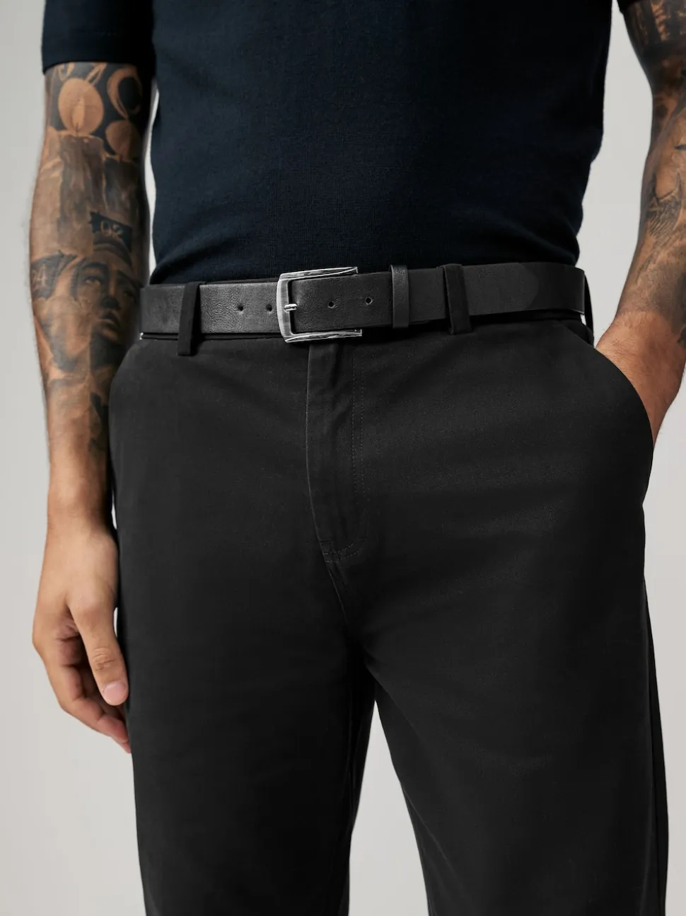 Black Straight Fit Belted Soft Touch Chino Trousers