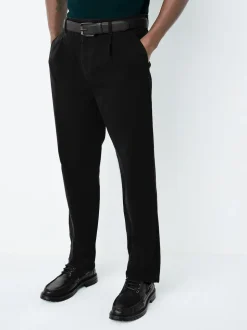 Black Straight Fit Belted Soft Touch Pleated Chino Trousers