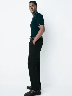 Black Straight Fit Belted Soft Touch Pleated Chino Trousers
