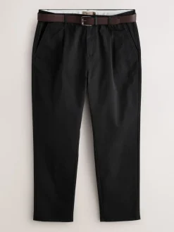 Black Straight Fit Belted Soft Touch Pleated Chino Trousers