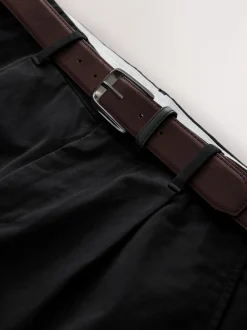Black Straight Fit Belted Soft Touch Pleated Chino Trousers